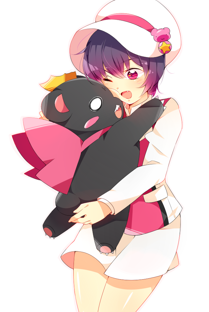 1girl, bbr_brbr, bear, blush, crown, hat, one_eye_closed, open_mouth