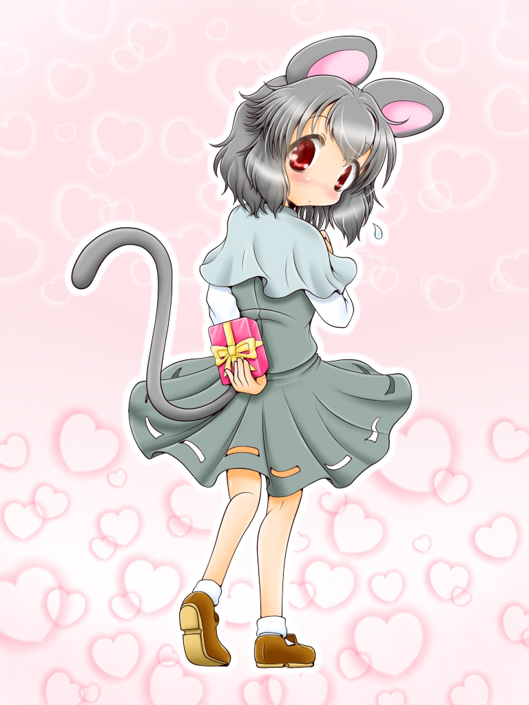 1girl, animal_ears, arm_behind_back, blush, box, capelet, dress, from_behind, gift, gift_box, gradient, gradient_background, grey_dress, grey_hair, hand_on_own_chest, heart, heart_background, looking_at_viewer, looking_back, mouse_ears, mouse_tail, nazrin, pink_background, red_eyes, satchii_(artist), short_hair, solo, sweatdrop, tail, touhou