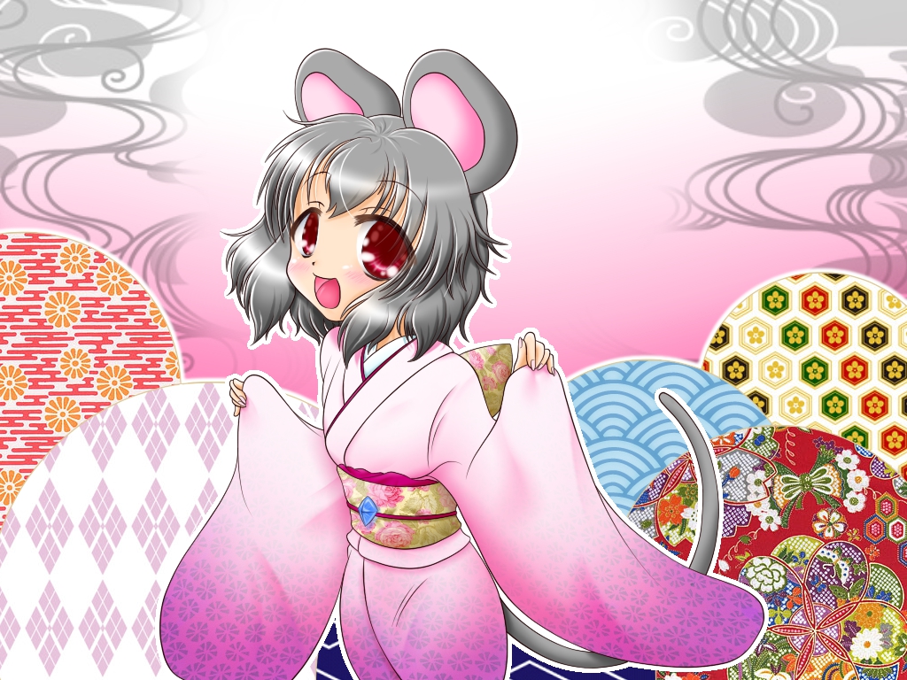 1girl, alternate_costume, animal_ears, cherry_blossoms, egasumi, fingernails, floral_print, gradient