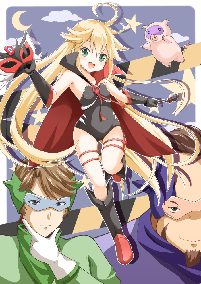 1girl, 2boys, :d, beard, black_gloves, blonde_hair, boots, boyakki