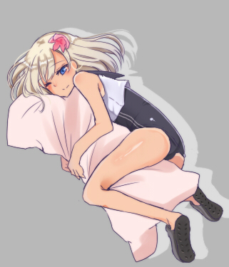 1girl, ;), bare_legs, bare_shoulders, blonde_hair, blue_eyes, blush, body_pillow