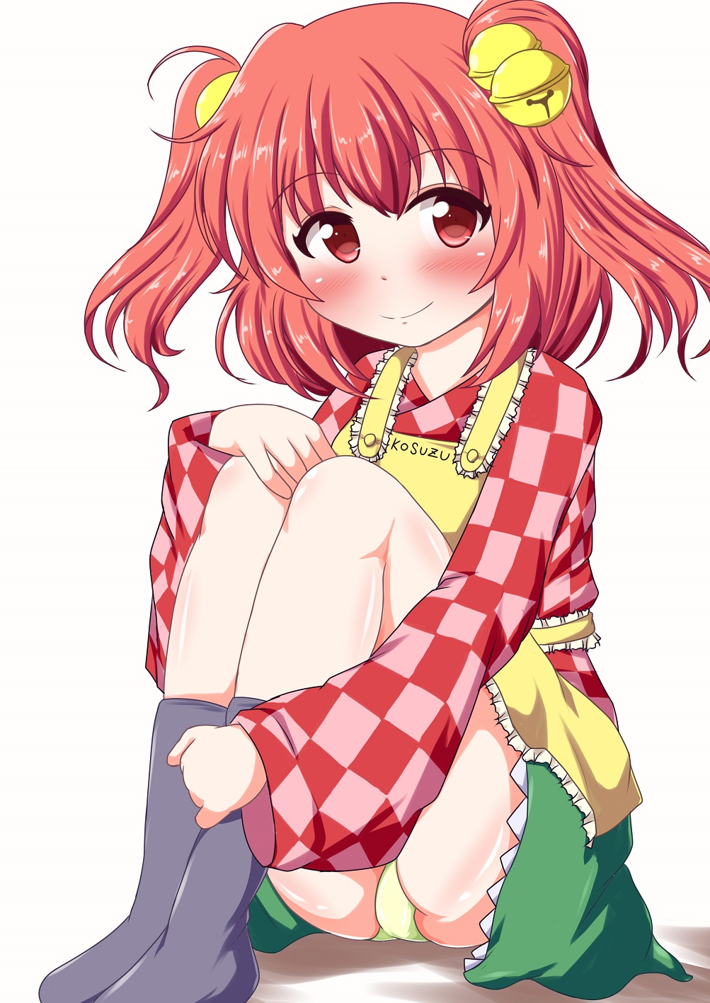 1girl, apron, bell, blush, hair_bell, hair_ornament, highres, holding_legs