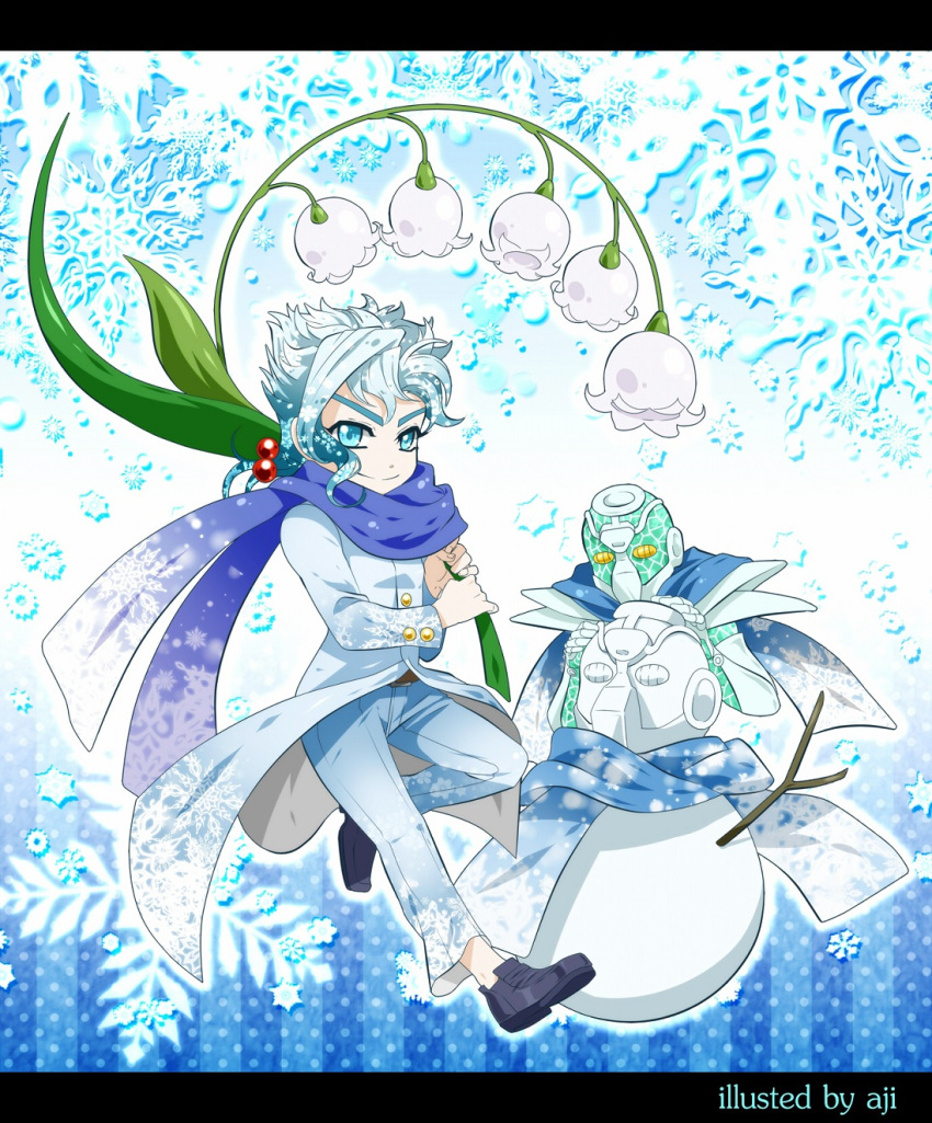 2boys, after_satellites, blue_hair, chibi, flower, hierophant_green, highres, jojo_no_kimyou_na_bouken