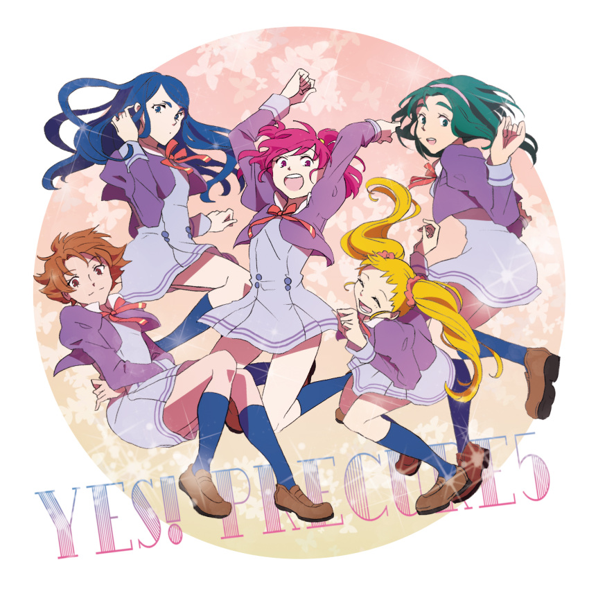 5girls, akimoto_komachi, blonde_hair, blue_eyes, blue_hair, brown_eyes, brown_hair, closed_eyes, copyright_name, green_eyes, green_hair, highres, kasugano_urara_(yes!_precure_5), kiyoy777, long_hair, minazuki_karen, multiple_girls, natsuki_rin, open_mouth, pink_eyes, pink_hair, precure, school_uniform, short_hair, smile, socks, twintails, yes!_precure_5, yumehara_nozomi