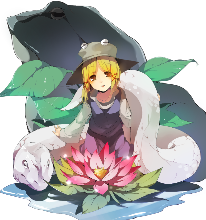 1girl, animal, blonde_hair, dress, flower, frog, giant_snake, hair_ribbon, hasebe_yuusaku, hat, long_sleeves, moriya_suwako, oversized_animal, purple_dress, ribbon, shirt, snake, tongue, tongue_out, touhou, wide_sleeves, yellow_eyes
