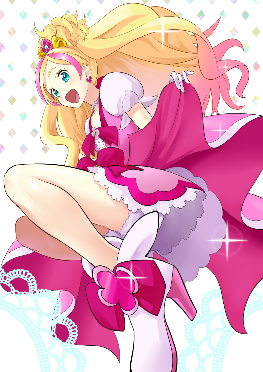 1girl, :d, aqua_eyes, blonde_hair, choker, cure_flora, gloves, go!_princess_precure
