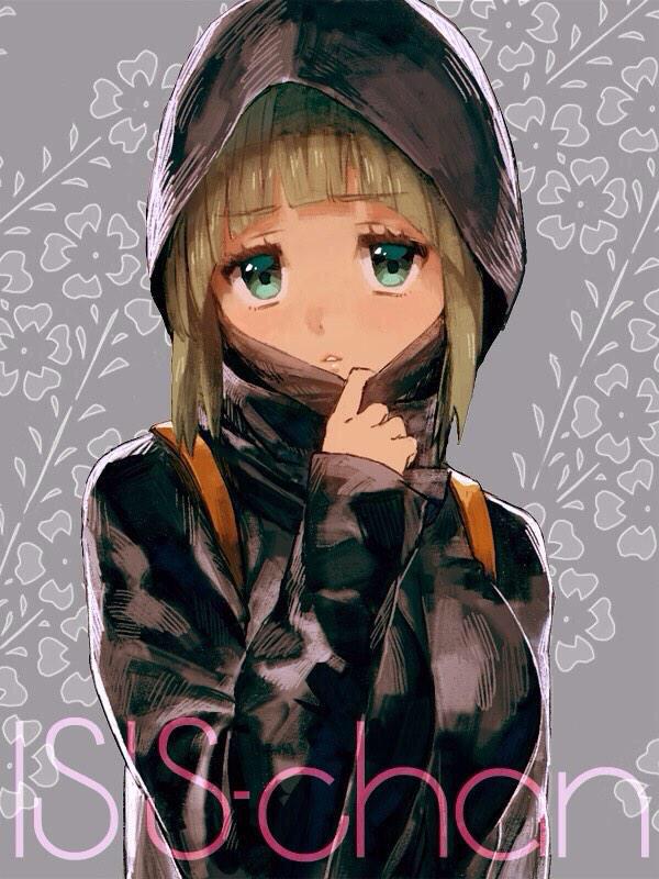 1girl, armpit_holster, artist_request, burqa, character_name, dark_skin, floral_background, green_eyes, green_hair, holster, hood, isis-chan, long_sleeves, original, parted_lips, short_hair, sleeves_past_wrists, solo
