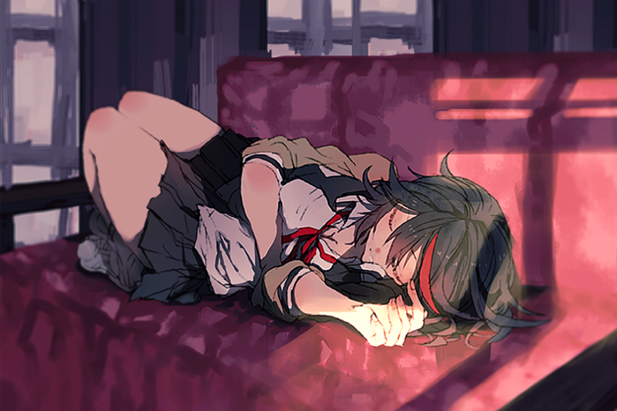 1girl, couch, hatutaro, jacket, kill_la_kill, lying, matoi_ryuuko, matoi_ryuuko_(casual)