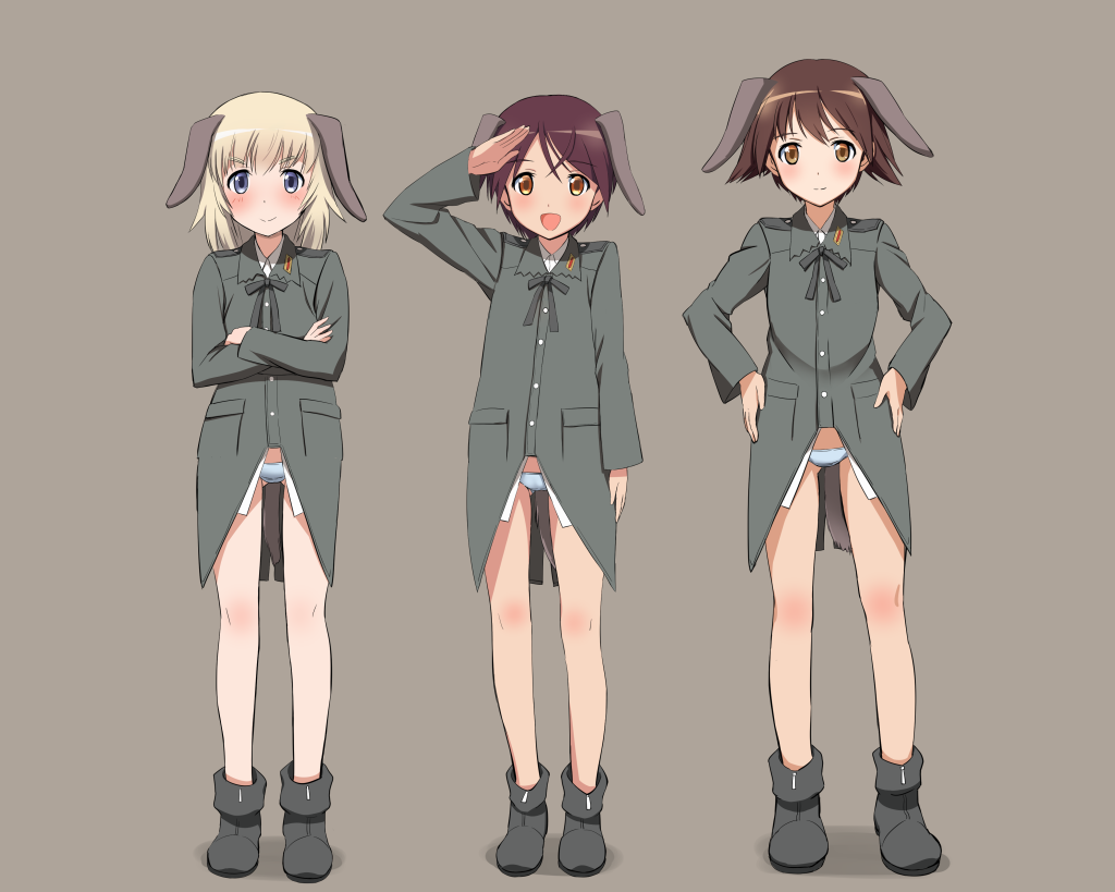 3girls, :d, ankle_boots, blonde_hair, blue_eyes, blue_panties, blush, boots
