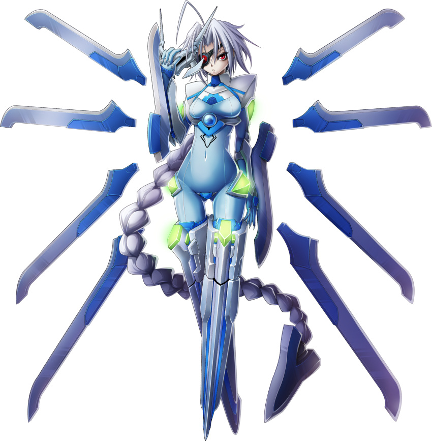 1girl, ahoge, arc_system_works, blade, blazblue, blazblue:_chronophantasma, bodysuit, breasts
