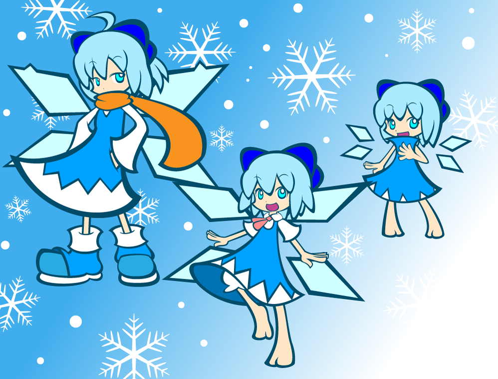 blue_eyes, blue_hair, boots, cirno, cirno-nee, flat_color, parody, puyopuyo