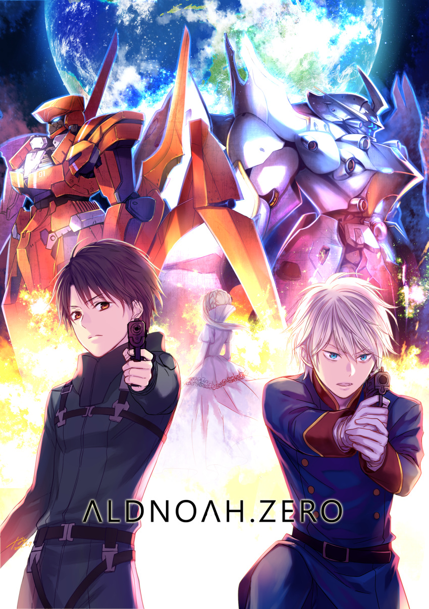 1girl, 2boys, aldnoah.zero, asseylum_vers_allusia, belt, blue_eyes, brown_eyes, brown_hair