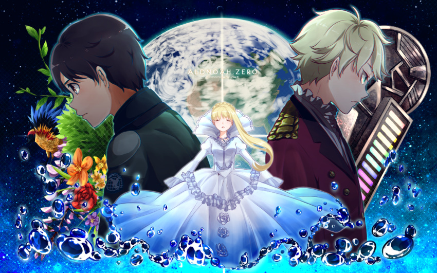 1girl, 2boys, aldnoah.zero, asseylum_vers_allusia, brown_eyes, brown_hair, closed_eyes, dress