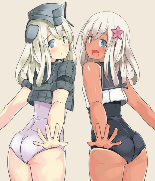 2girls, :<, :d, ass, blonde_hair, blue_eyes, blush, crop_top, cropped_jacket, dual_persona, garrison_cap, hair_ornament, hat, kantai_collection, long_hair, multiple_girls, mutsuki_nekohachi, one-piece_tan, open_mouth, puffy_short_sleeves, puffy_sleeves, ro-500_(kantai_collection), school_swimsuit, school_uniform, serafuku, short_sleeves, simple_background, smile, starfish, swimsuit, tan, tanline, u-511_(kantai_collection), white_school_swimsuit, white_swimsuit
