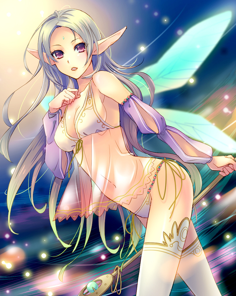 1girl, bare_shoulders, beads, bikini, breasts, bridal_gauntlets, cleavage, collarbone, fairy, fairy_wings, forehead_jewel, front-tie_top, logi_(logica+physica), long_hair, midriff, navel, open_mouth, original, pointy_ears, see-through, side-tie_bikini, sideboob, silver_hair, solo, staff, swimsuit, tagme, teeth, thigh-highs, violet_eyes, white_legwear, wings