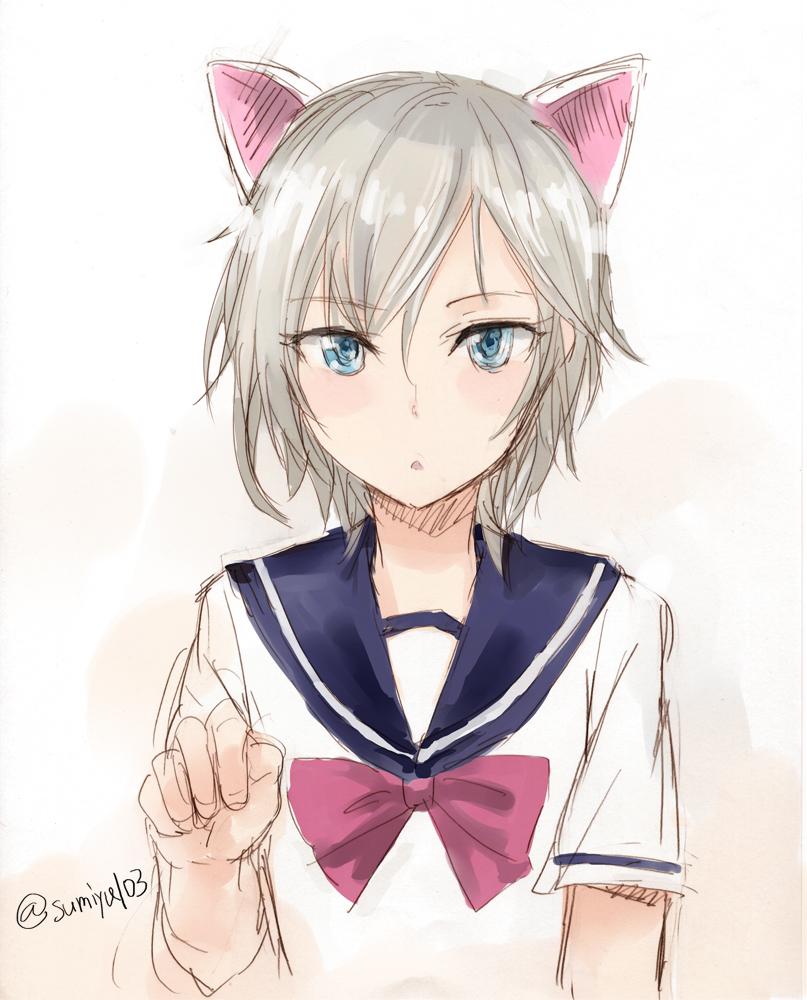anastasia_(idolmaster), animal_ears, blue_eyes, cat_ears, idolmaster, idolmaster_cinderella_girls, school_uniform, silver_hair, sumiya_akihiro