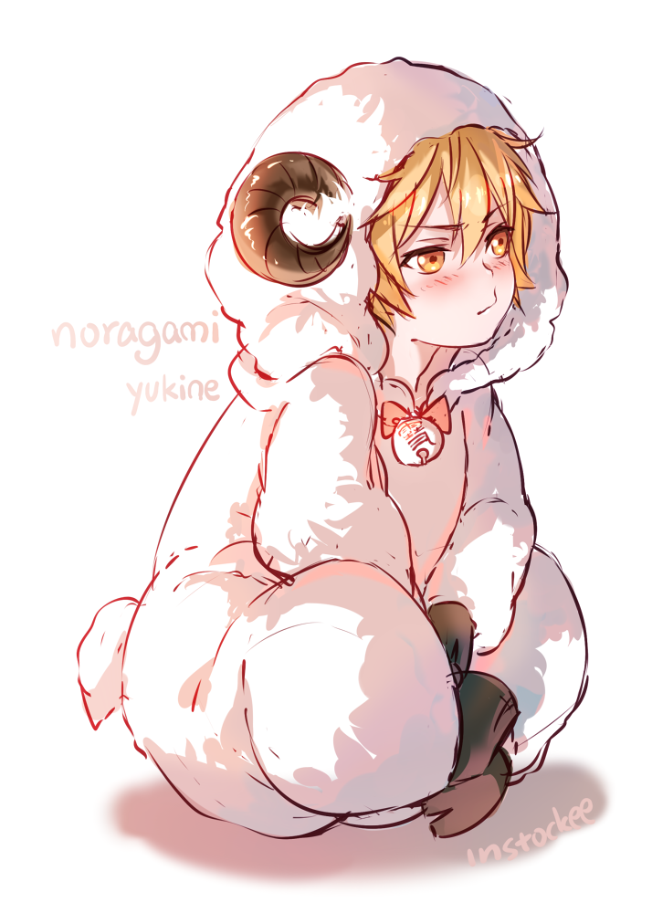 1boy, animal_costume, artist_name, bell, blonde_hair, blush, character_name, copyright_name