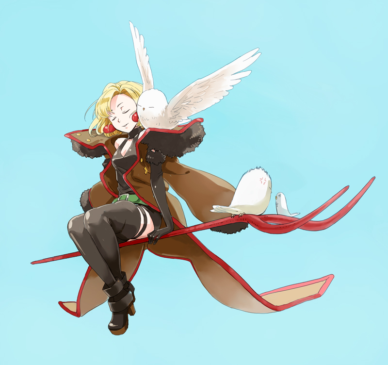 1girl, artemis_(junketsu_no_maria), artemis_(junketsu_no_maria)_(bird), bird, blonde_hair, boots, closed_eyes, earrings