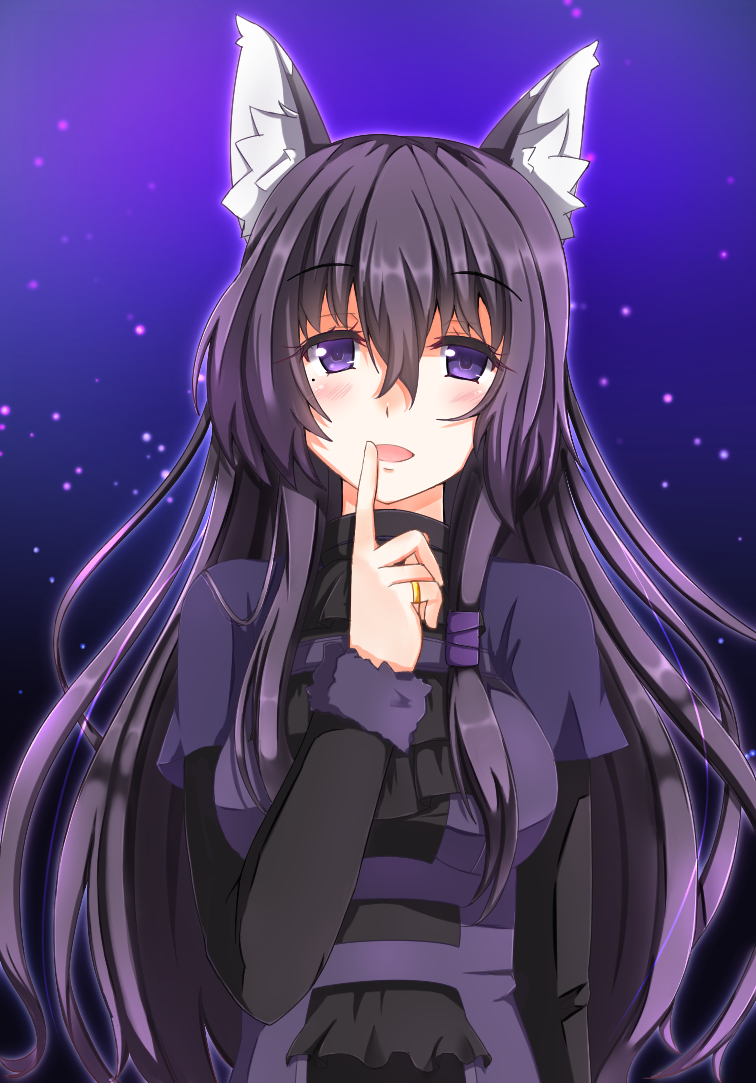 1girl, animal_ears, blush, breasts, dress, finger_to_face, fox_ears, frills