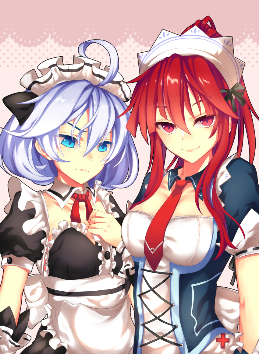 2girls, ahoge, blue_eyes, edel_frost, elesis, elsword, fi-san, grand_chase, highres, long_hair, maid, maid_headdress, multiple_girls, necktie, purple_hair, red_eyes, redhead, short_hair