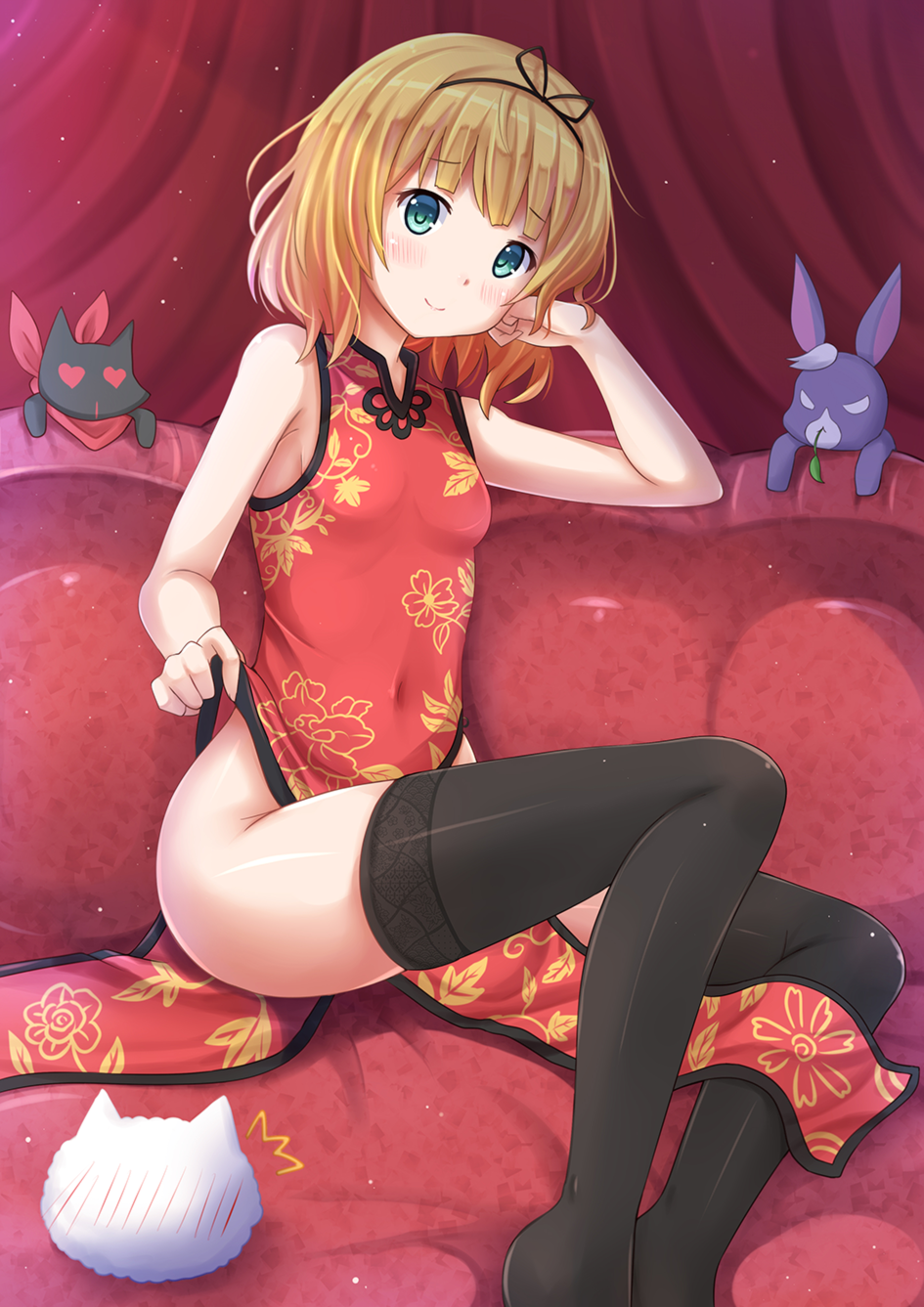 1girl, animal, bare_shoulders, black_legwear, blonde_hair, blood, blue_eyes, blush