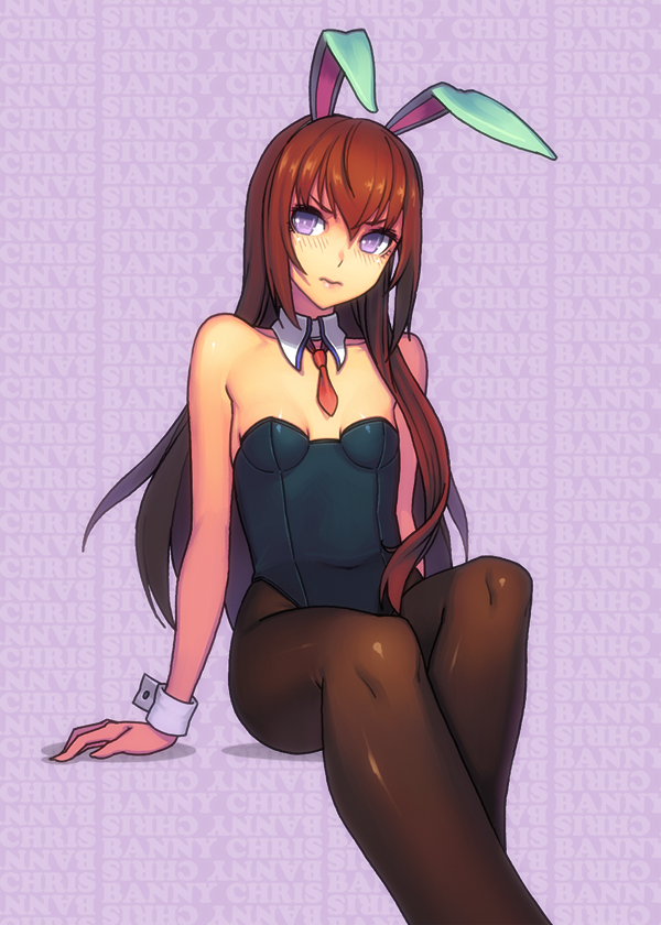 1girl, 3:<, animal_ears, black_legwear, brown_hair, bunnysuit, covered_navel, detached_collar
