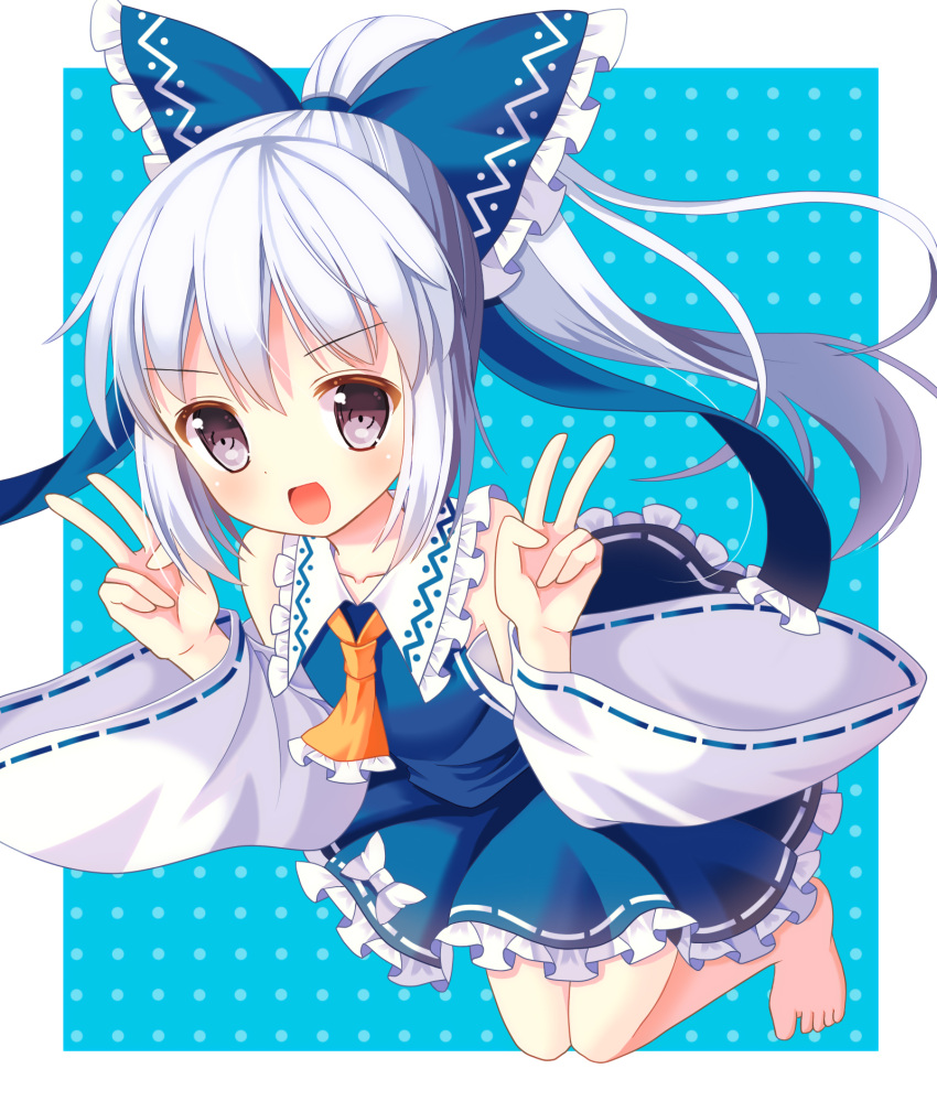 1girl, alternate_color, ascot, barefoot, blue_dress, bow, detached_sleeves, double_v