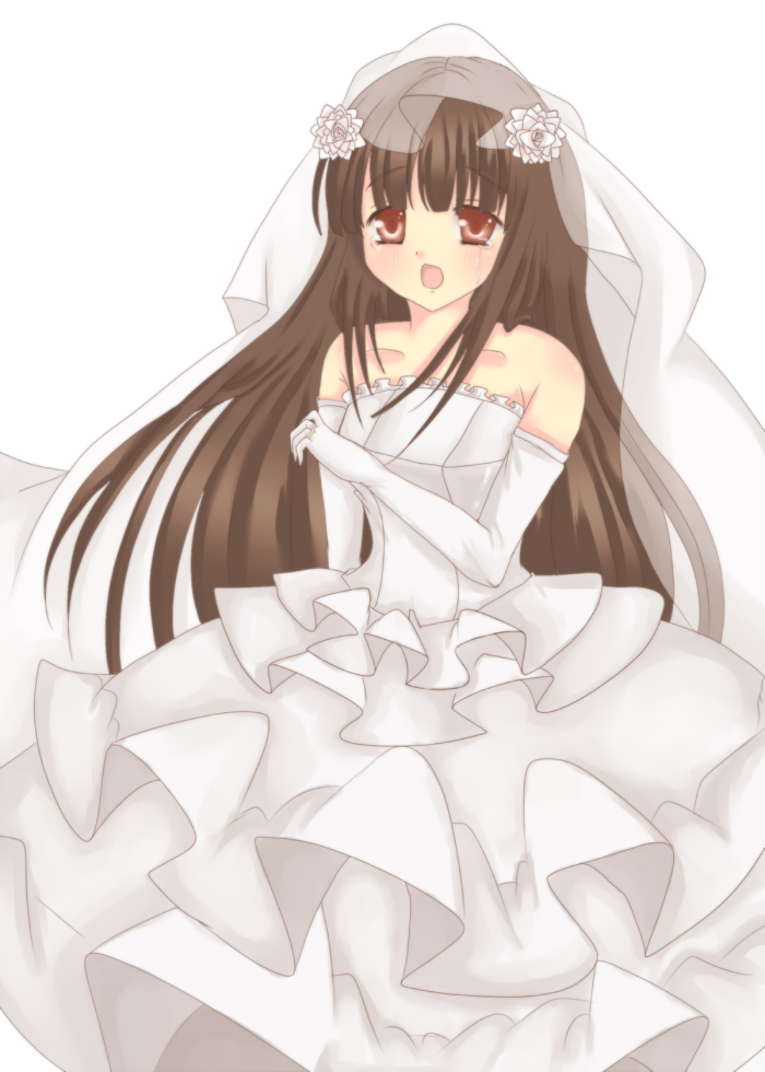 bride, brown_hair, dress, elbow_gloves, formal, gloves, houraisan_kaguya, jewelry, red_eyes, ring, sakurada, solo, tears, touhou, veil, wedding, wedding_dress, white_gloves