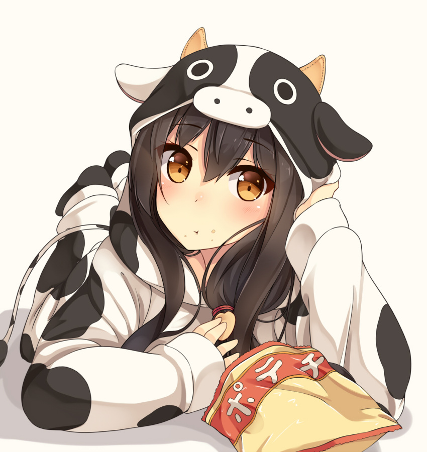 1girl, :t, akagi_(kantai_collection), alternate_costume, animal_costume, black_hair, brown_eyes, cow_costume