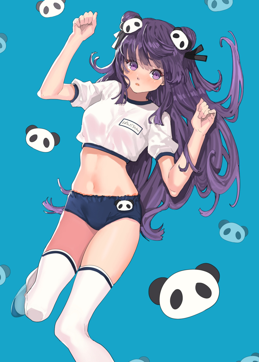 1girl, aruterra, buruma, crop_top, double_bun, gym_uniform, hair_bun, hair_ornament
