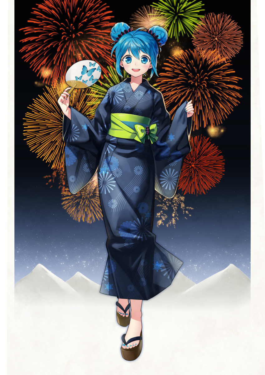 1girl, ahoge, alternate_hairstyle, aqua_eyes, aqua_hair, azure090, double_bun, fan