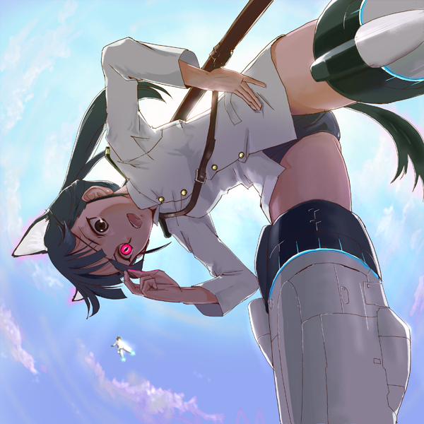 amon_(mulciber), animal_ears, cat_ears, eyepatch, glowing_eyes, miyafuji_yoshika, ponytail, sakamoto_mio