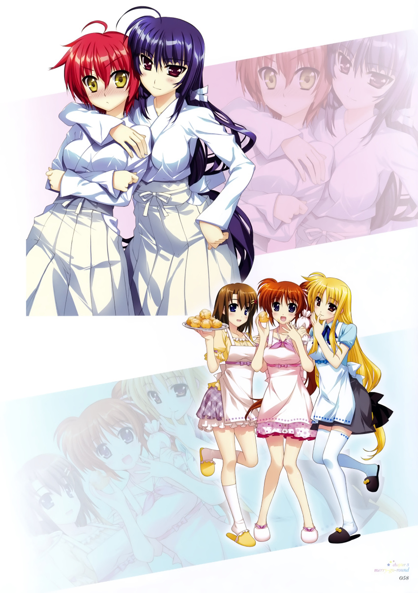 5girls, :d, absurdres, ahoge, apron, blonde_hair, blue_eyes, blush