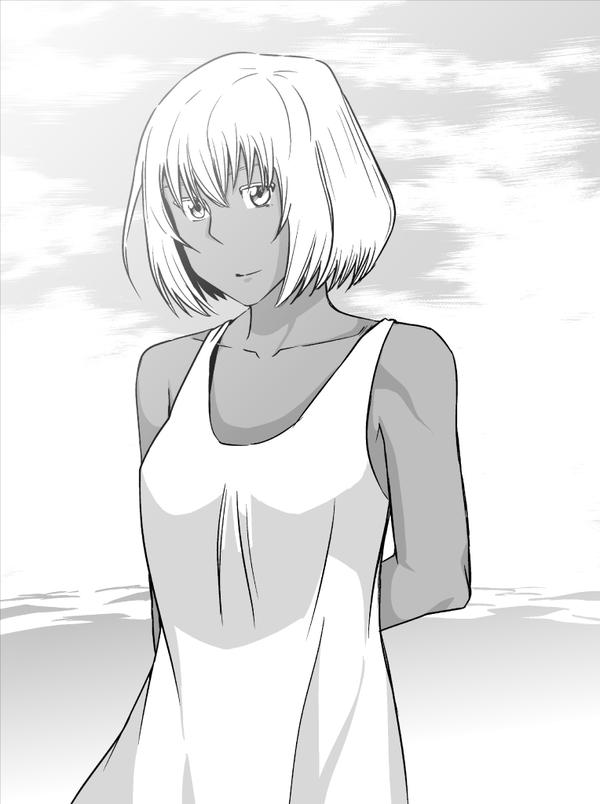 1girl, arachnid_(series), dark_skin, dinoponera_(arachnid), greyscale, monochrome, short_hair, solo