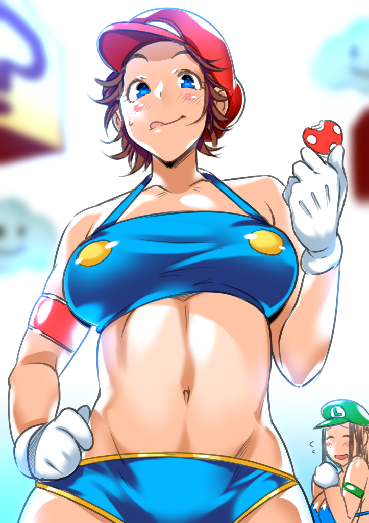 2girls, bare_shoulders, breasts, brown_hair, closed_eyes, dfreak, genderswap, gloves, hand_on_hip, hat, large_breasts, long_hair, luigi, mario, mound_of_venus, multiple_girls, mushroom, navel, smile, super_mario_bros.