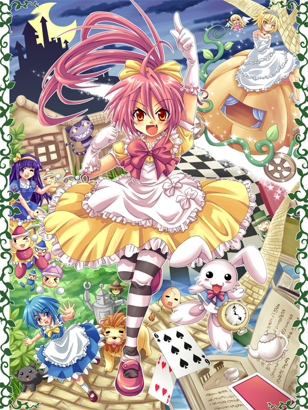 >_<, alice_in_wonderland, blue_eyes, blue_hair, book, bunny, card, cards