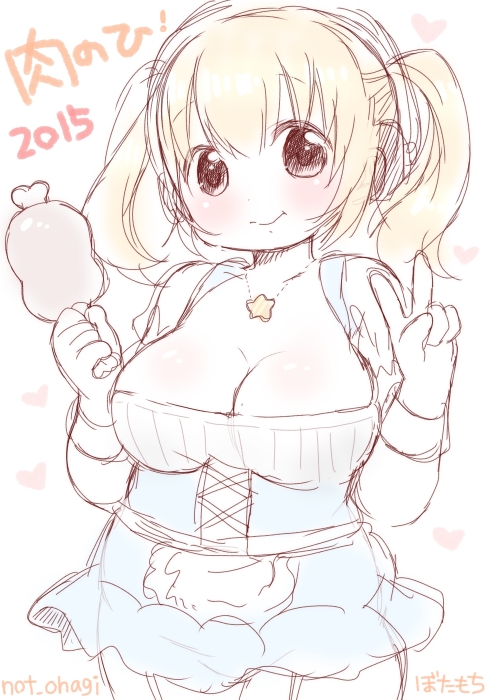 1girl, apron, blonde_hair, blush, boned_meat, breasts, cleavage, dirndl, dress, food, german_clothes, headphones, huge_breasts, idu_michito, looking_at_viewer, meat, nitroplus, open_mouth, orange_eyes, plump, short_hair, smile, solo, super_pochaco, twintails