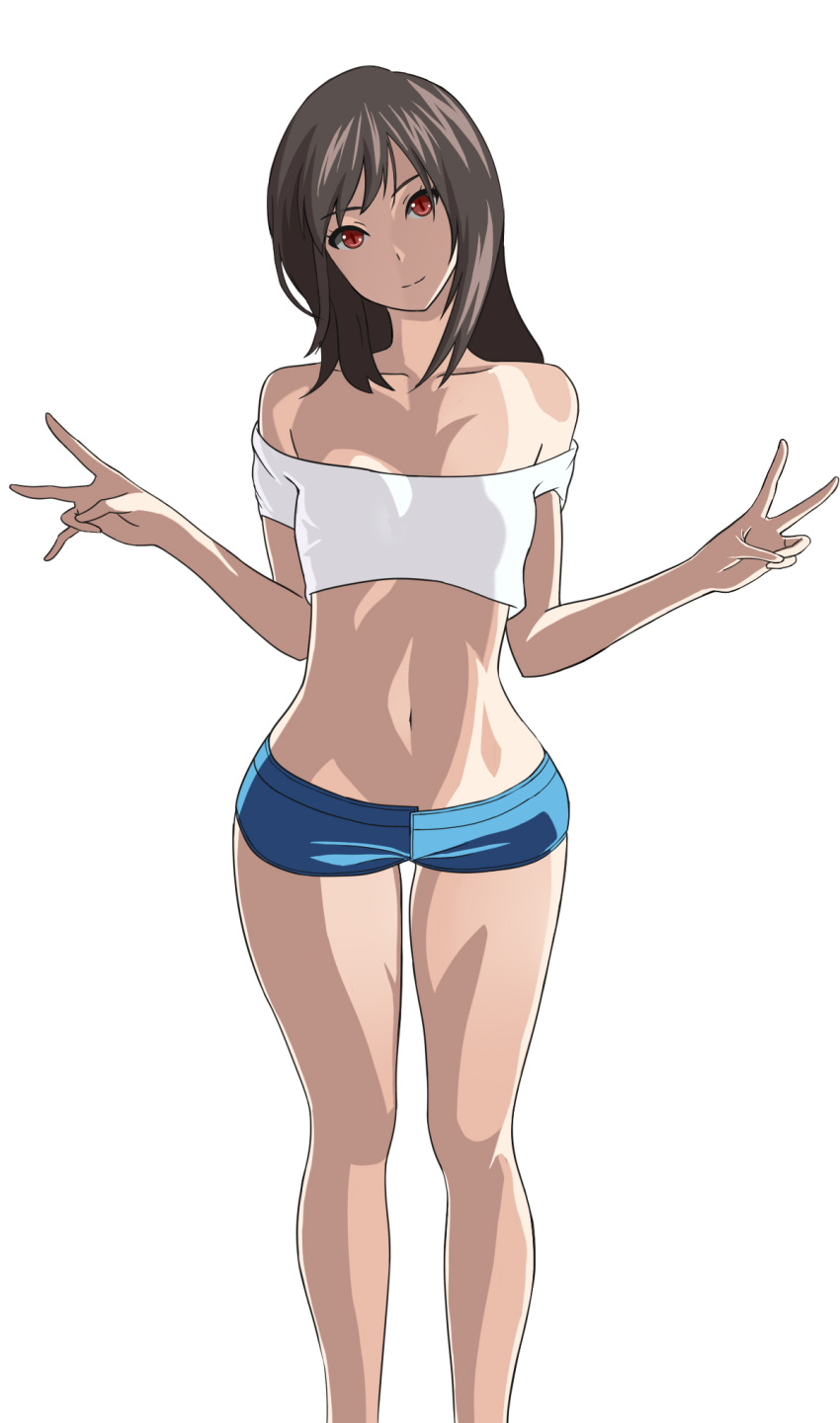 1girl, bare_shoulders, brown_hair, highres, legs, looking_at_viewer, midriff, navel, red_eyes, short_shorts, shorts, simple_background, smile, solo, takahirokun, tan, tank_top, thigh_gap, wide_hips