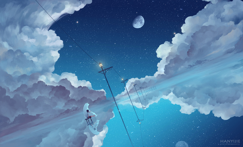 1boy, artist_name, bear, black_hair, clouds, dutch_angle, horizon, kklaji008