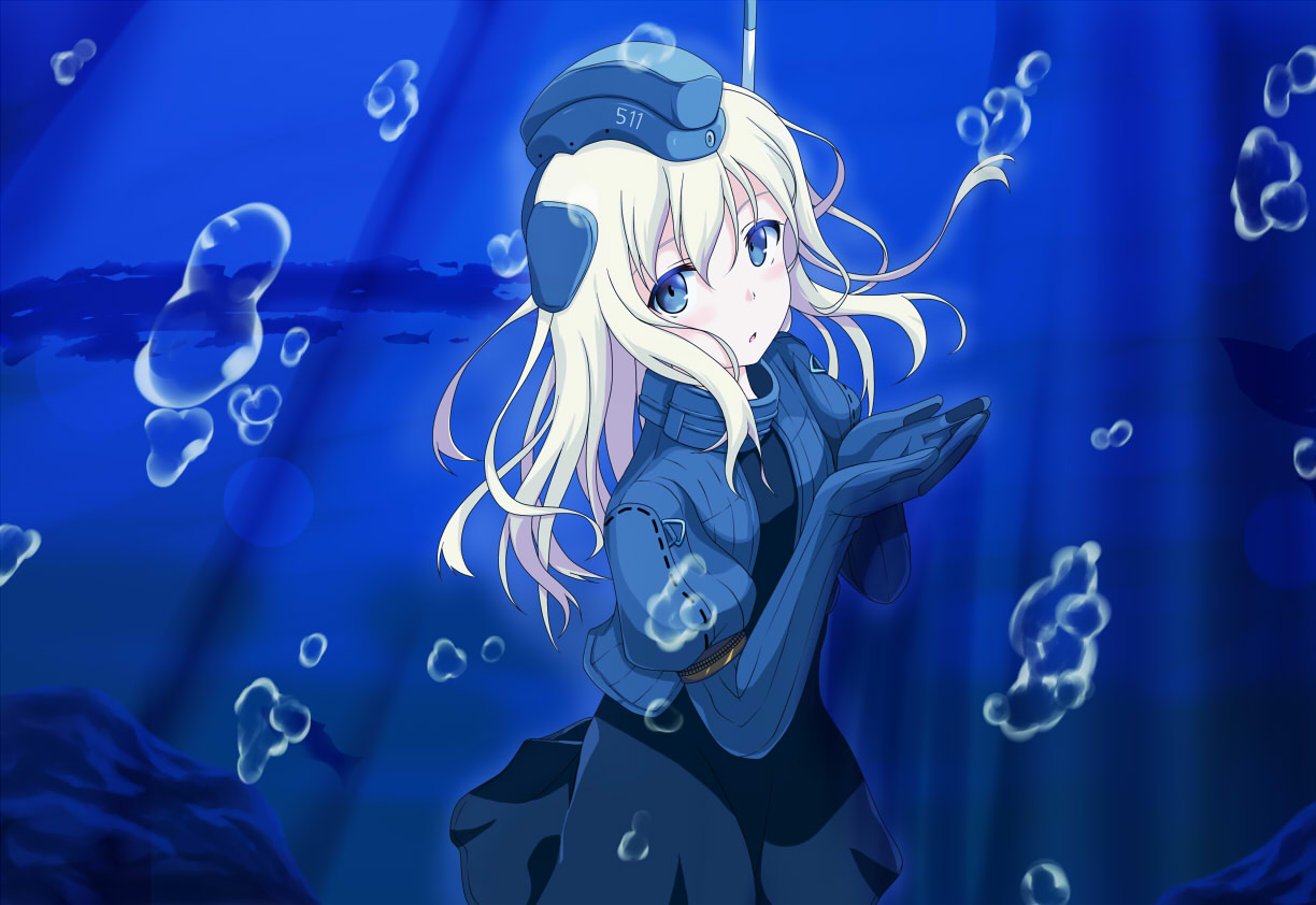 1girl, black_dress, blonde_hair, blue_eyes, bubble, dress, garrison_cap, gloves, hat, headgear, kantai_collection, kuroma_(no_plan), long_hair, looking_at_viewer, military, military_hat, military_uniform, puffy_sleeves, solo, u-511_(kantai_collection), underwater, uniform