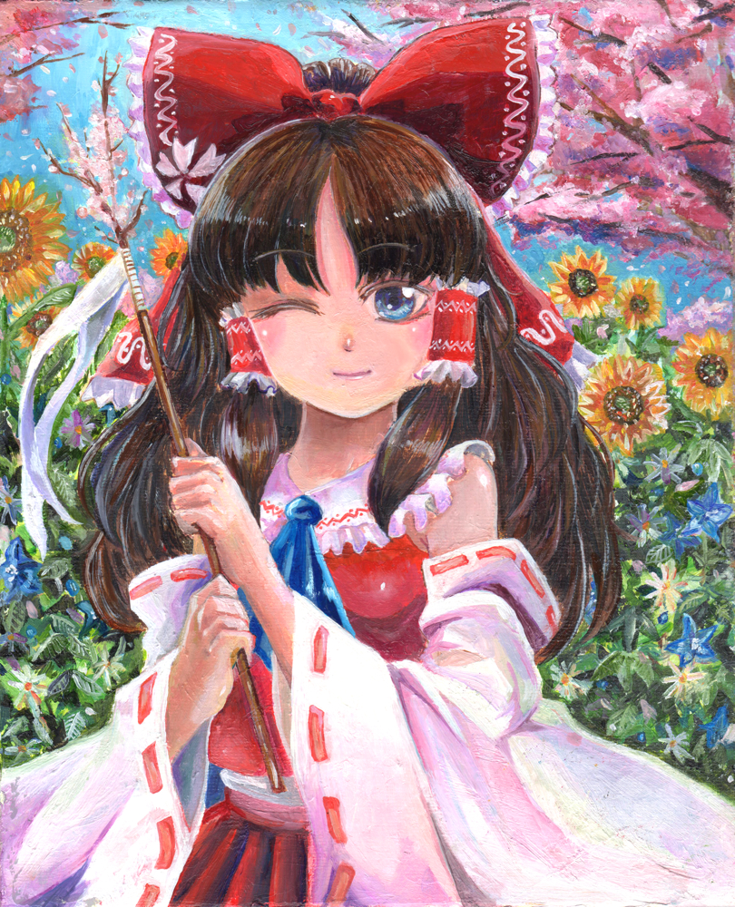 1girl, ascot, blue_eyes, bow, brown_hair, cherry_blossoms, detached_sleeves, flower
