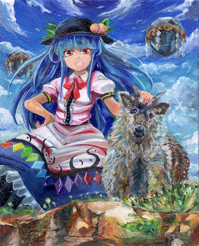1girl, blue_hair, bow, clouds, food, fruit, grin, hand_on_hip