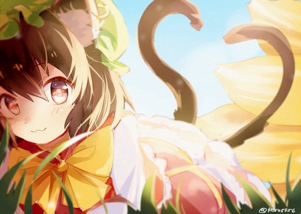 2girls, amano_kenpi, animal_ears, bow, brown_hair, cat_ears, cat_tail, chen