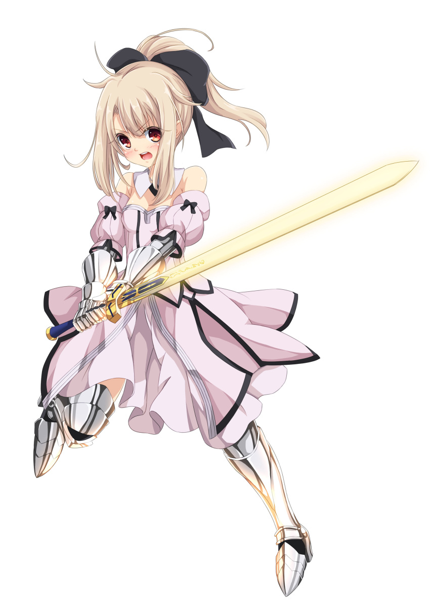 1girl, absurdres, armor, armored_boots, bare_shoulders, blonde_hair, bow, caliburn