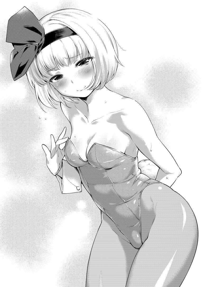 1girl, blush, breasts, bunnysuit, cleavage, highres, konpaku_youmu, mario_(artist), monochrome, pantyhose, short_hair, solo, touhou