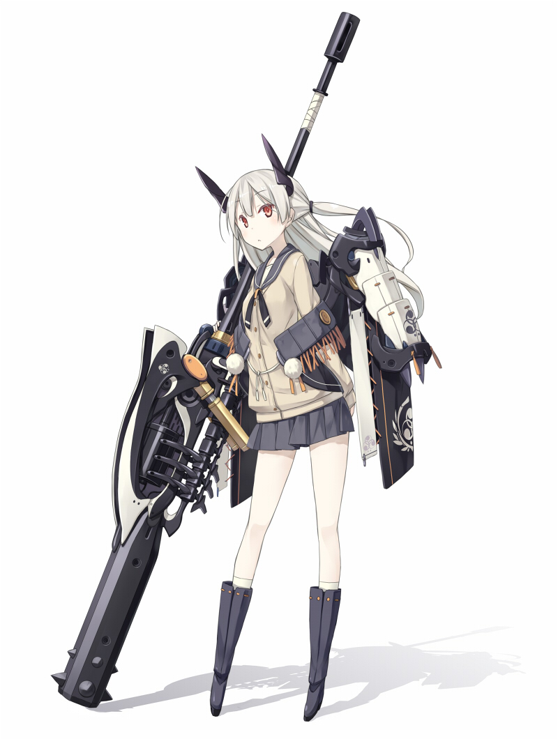 1girl, armor, boots, cardigan, expressionless, grey_skirt, huge_weapon, long_hair, mecha_musume, orange_eyes, original, poco_(asahi_age), school_uniform, side_ponytail, silver_hair, skirt, socks, solo, tetsubo, weapon