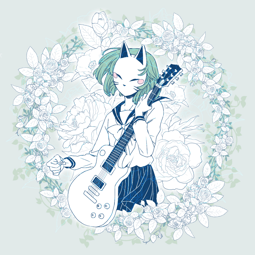 1girl, electric_guitar, flower, fox_mask, guitar, instrument, kiwi_(ohyeah2050), mask