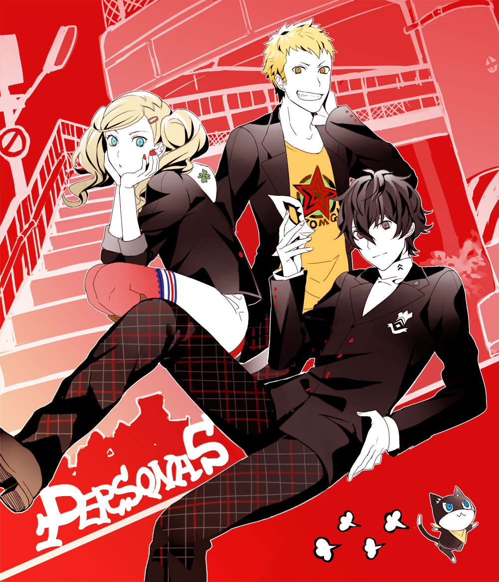 black_hair, blonde_hair, blue_eyes, brown_eyes, cat, hair_ornament, hairclip, kurusu_akira