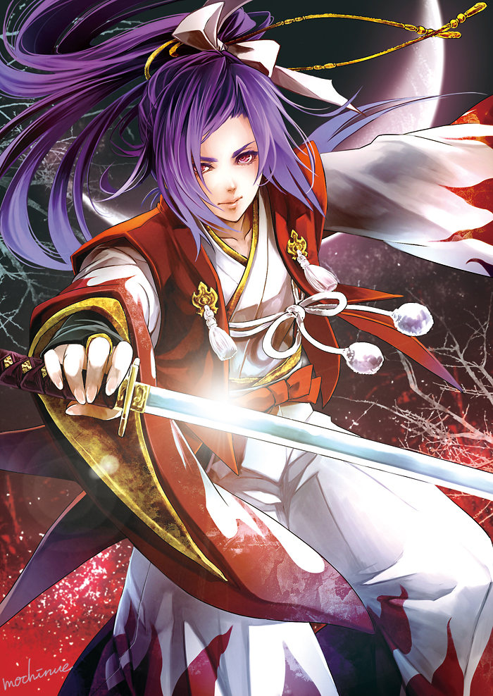 1girl, hair_ribbon, hakama, japanese_clothes, katana, long_hair, long_sleeves, meira, mochinu, pom_pom_(clothes), purple_hair, red_eyes, ribbon, signature, solo, sword, touhou, touhou_(pc-98), weapon, wide_sleeves