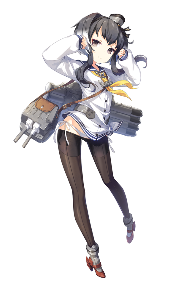 1girl, arms_up, black_eyes, black_hair, black_legwear, h2so4, hair_flaps, kantai_collection